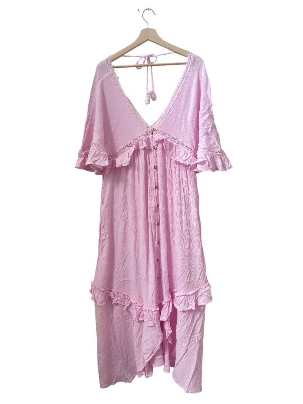 Free People Paradiso Maxi Dress XS Pink Boho Ruffle Lace Button Front OB1093525